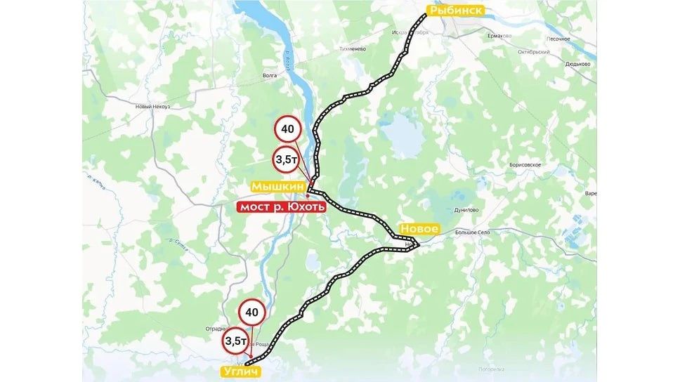 На мосту через реку Юхоть в Мышкинском округе Ярославской области ввели ограничения для грузового транспорта из-за обнаруженного дефекта
